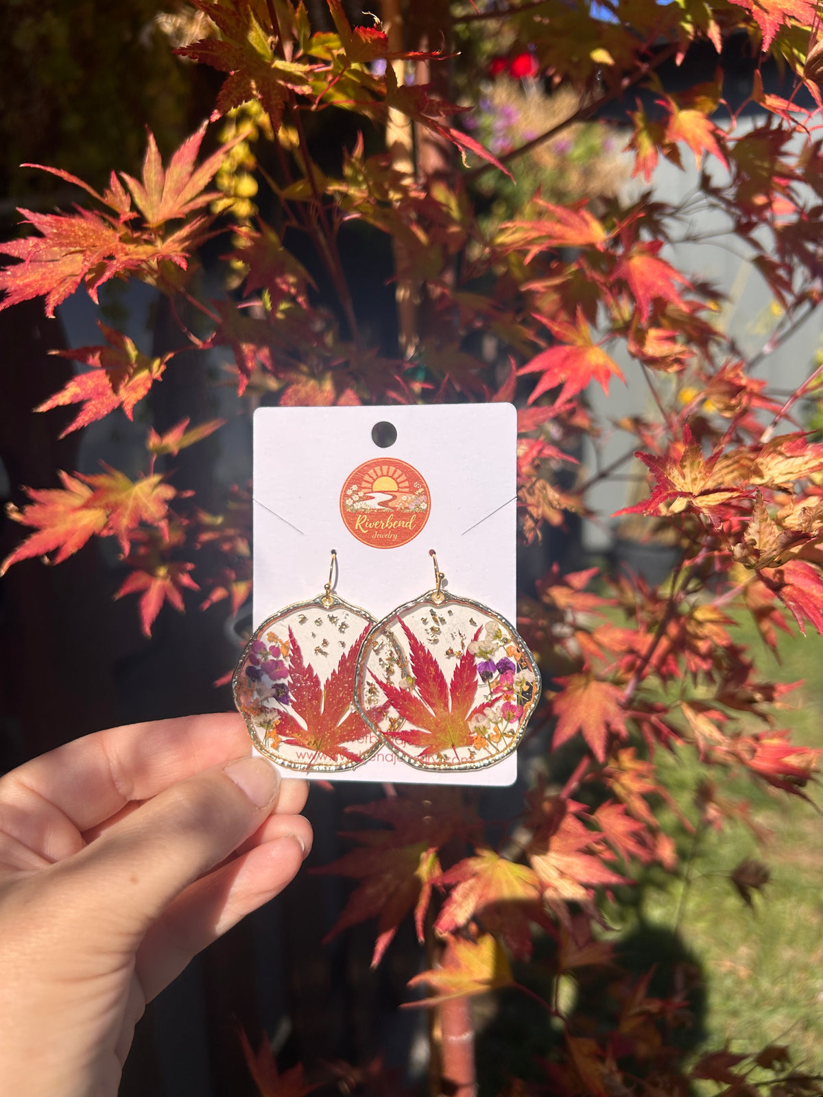 Pressed Japanese maple and flower Earrings