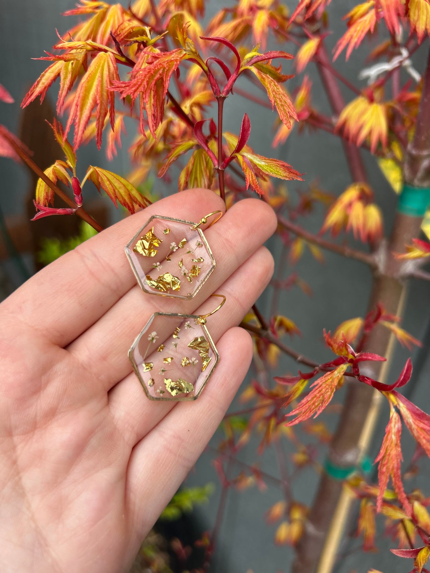 Queen Anne’s lace & Gold Flake Resin Earrings