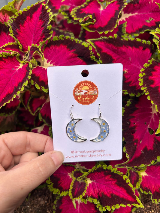 Pressed forget me not moon Earrings