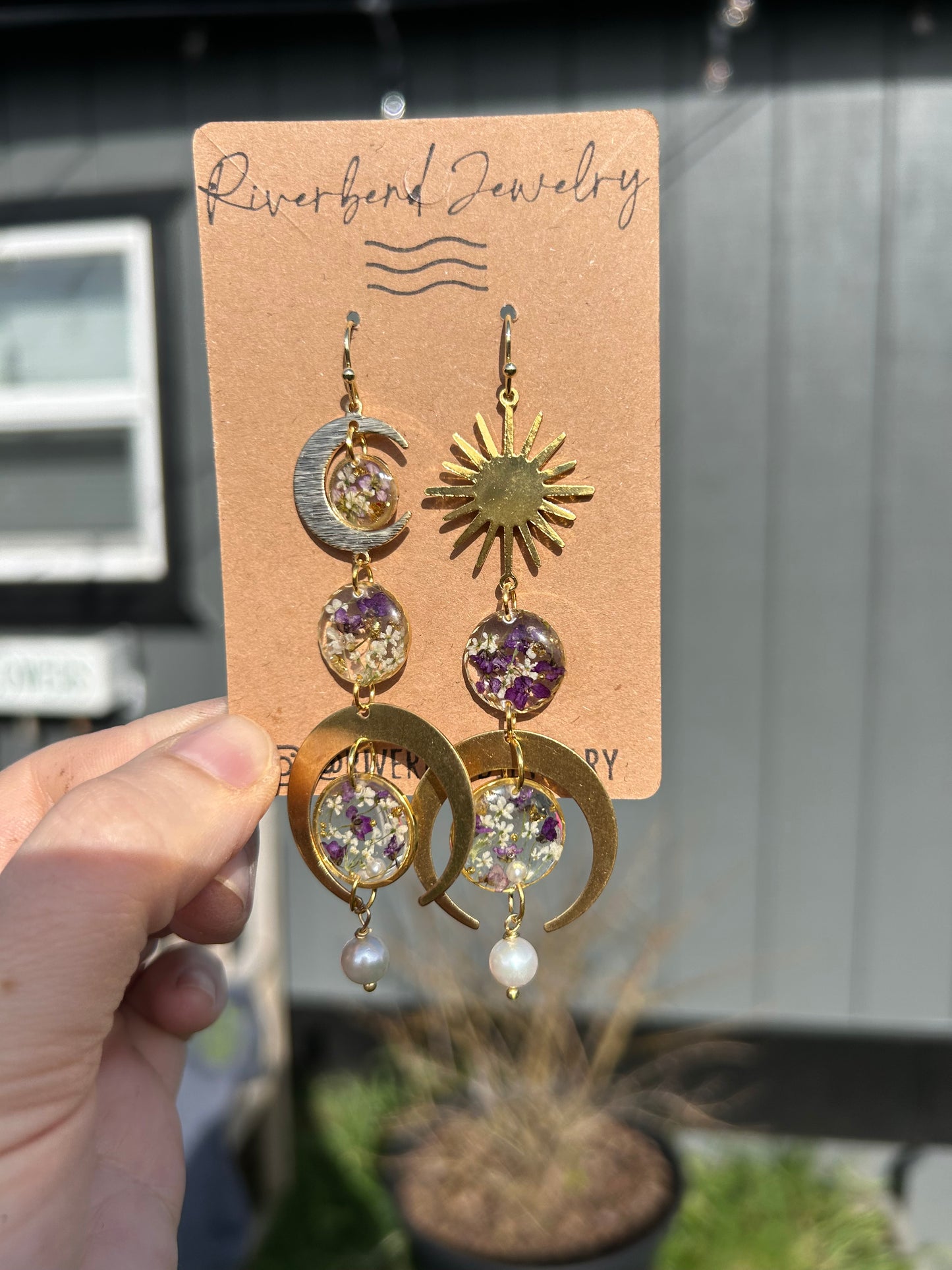 Floral Fresh Water Pearl & Brass Earrings