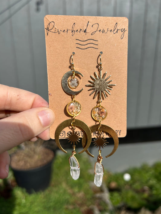 Resin Floral & Brass Crystal Earrings