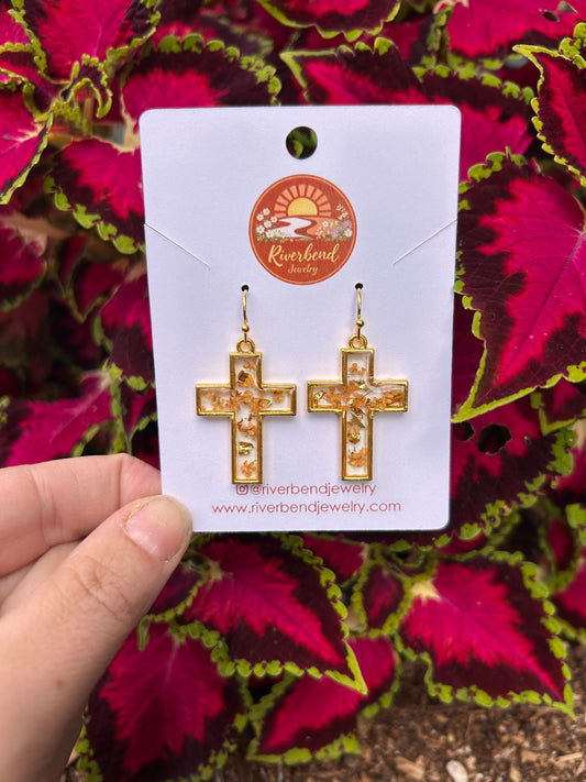 Real Pressed Flower Cross Earrings