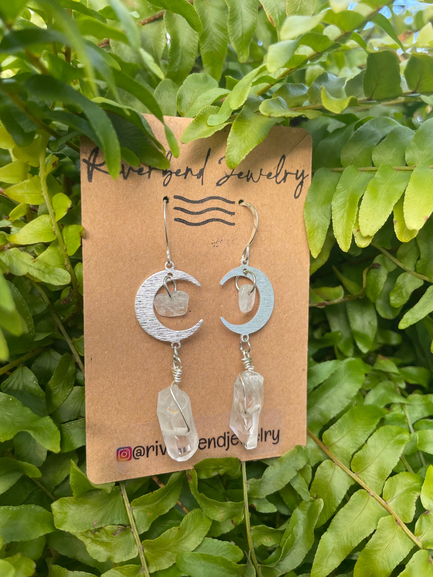 Crescent moon & wire wrapped Quartz crystal earrings