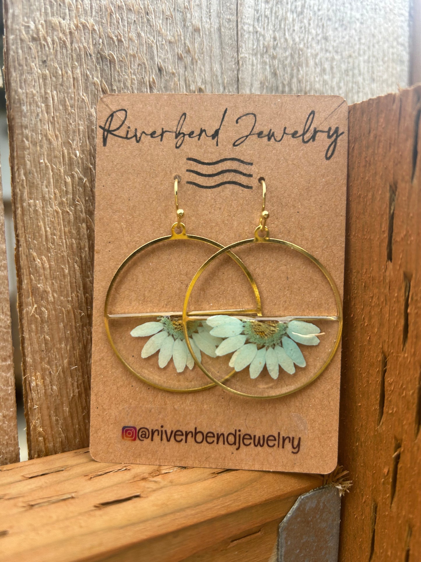 Brass framed turquoise daisies in resin made with 14k gold hooks