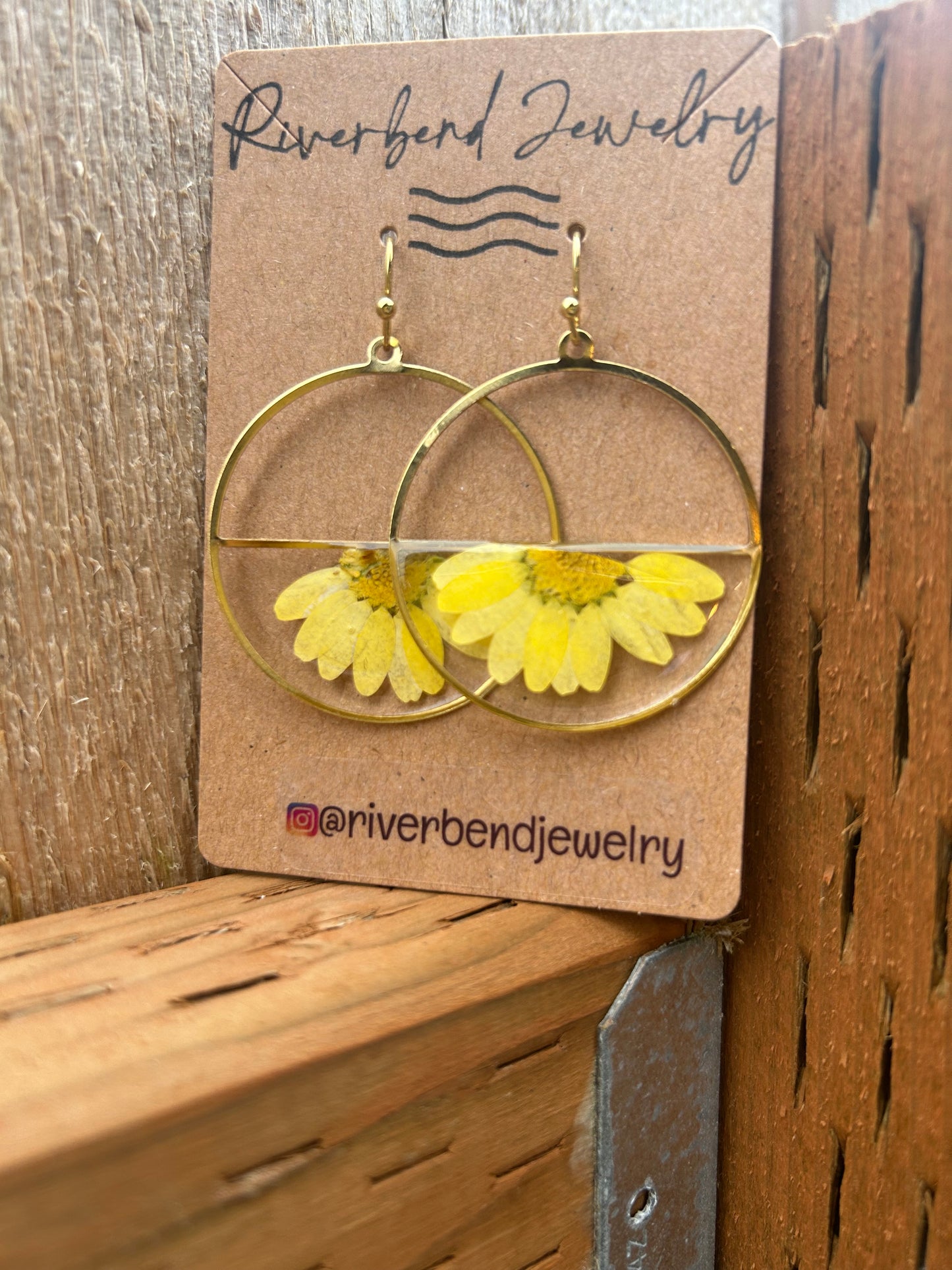 Brass frame yellow daisies in resin made with 14k gold hooks