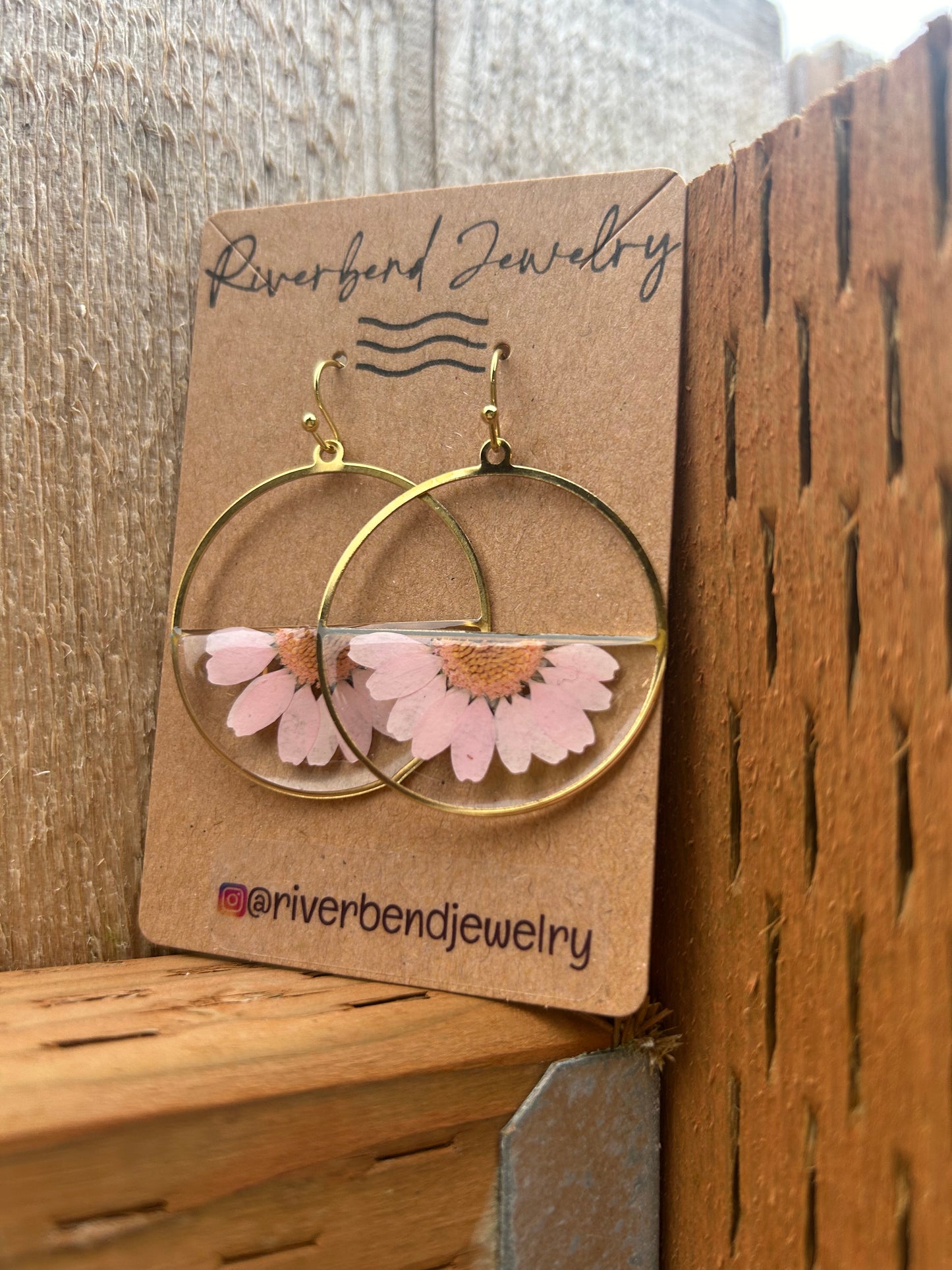 Brass framed pink daisies in resin with 14k gold hooks