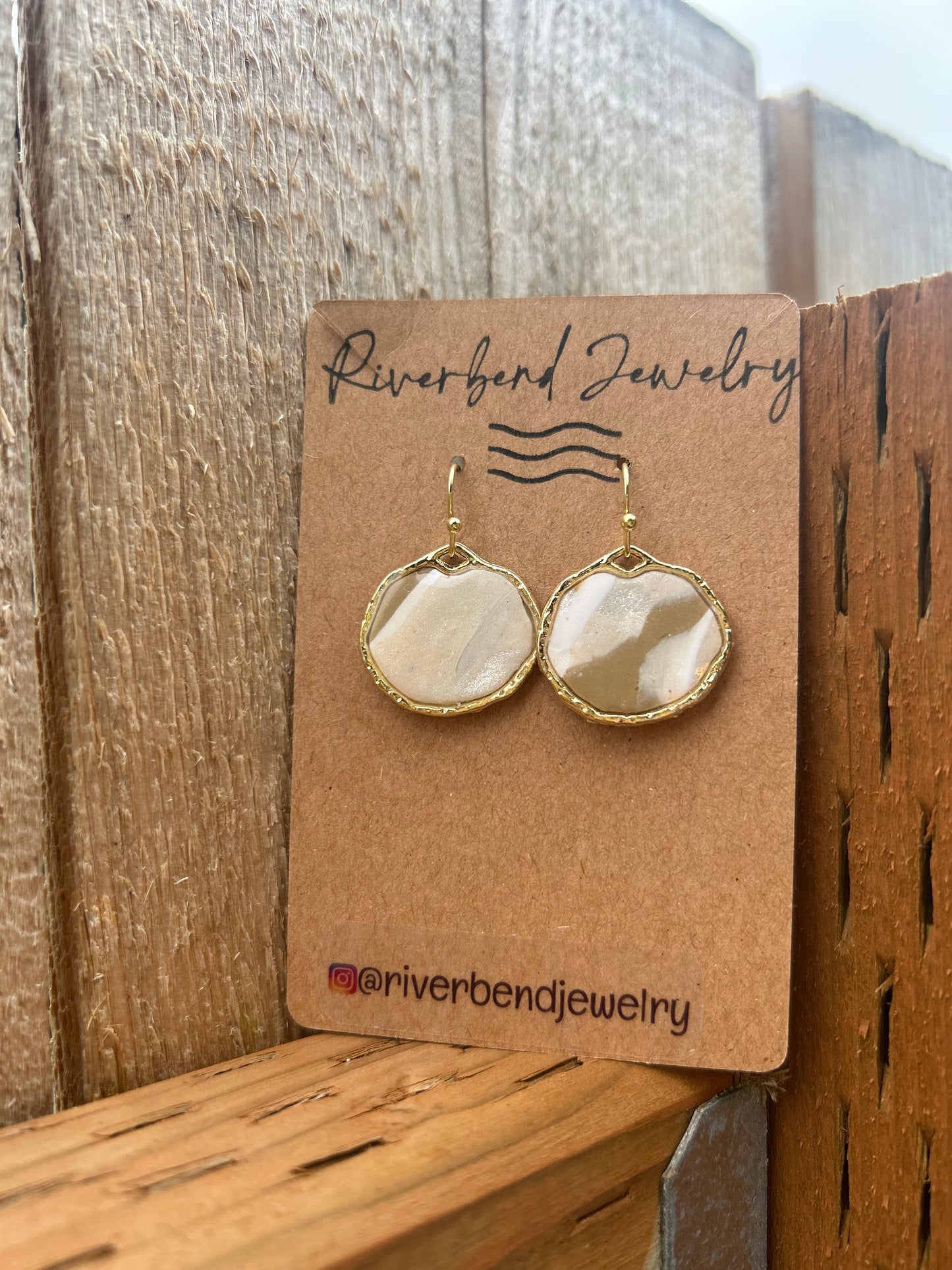 Polymer clay beige and white marbled earrings with 14k gold hooks