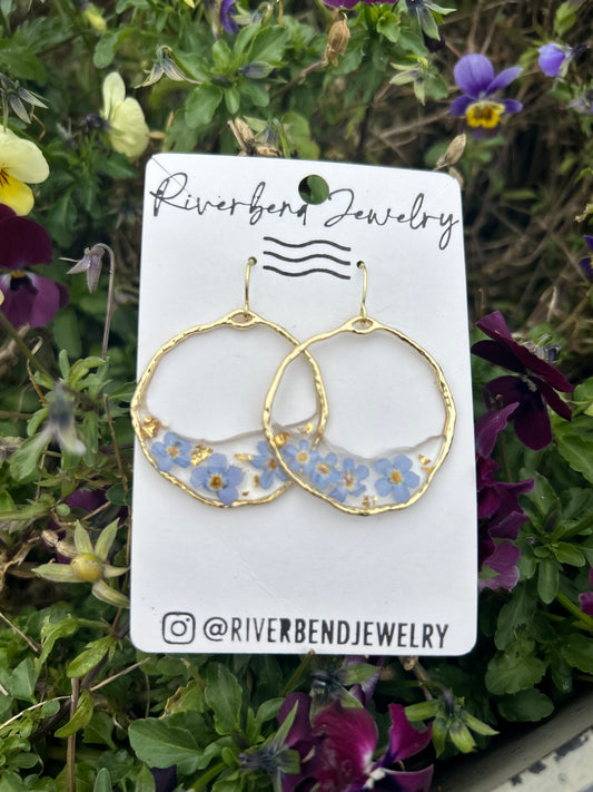 Golden half hoop Forget Me Not earrings
