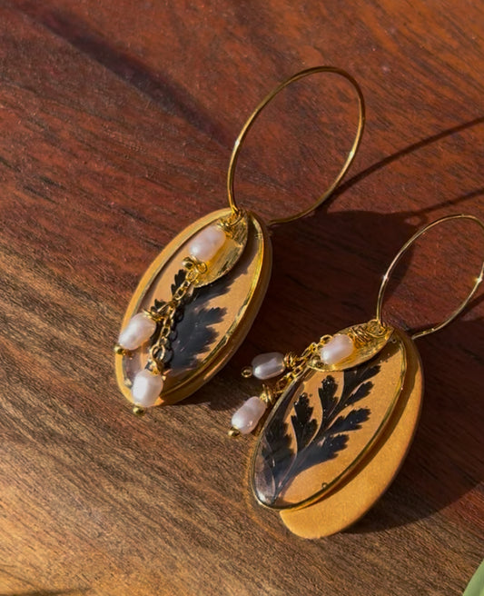 Black Fern Gold Leaf & Freshwater Pearl Hoops
